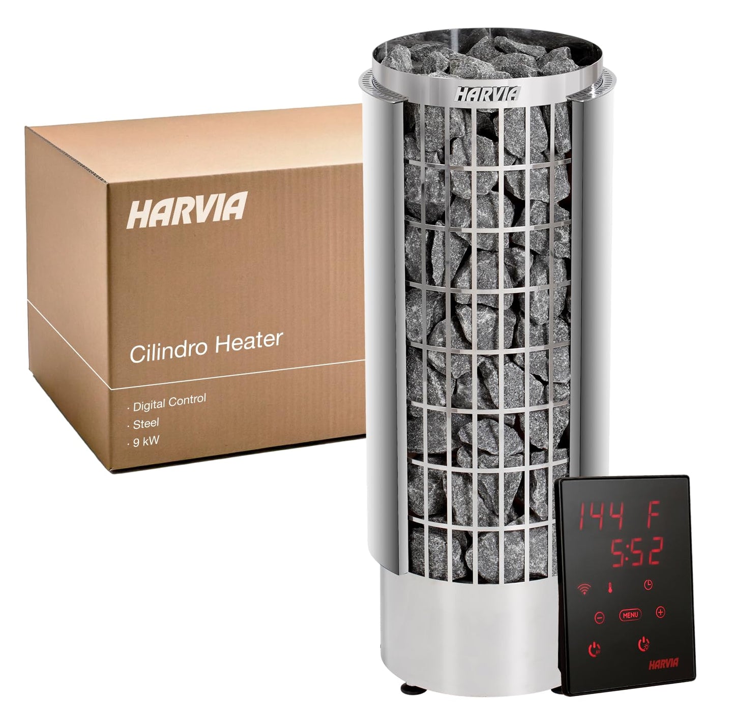 Harvia Cilindro 220v Sauna Heater, Electric Sauna Stove with Open Front Design, Large Stone Surface & Capacity for Sauna Rocks, Wet or Dry Saunas, Includes Stones (9kW - Digital)