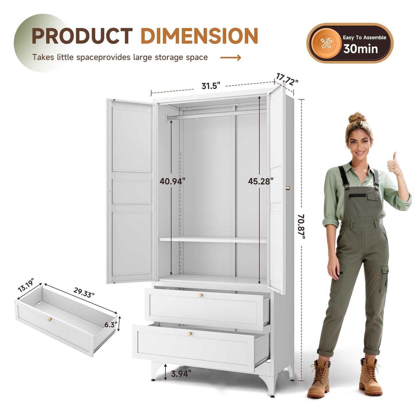 Letaya Metal Armoire Wardrobe Closet with 2 Drawers,18" Deep Clothing Storage Cabinet with Doors and Shelves,Coat Closet with Hanging Rod,Bedroom,Home,Cloak Room,White