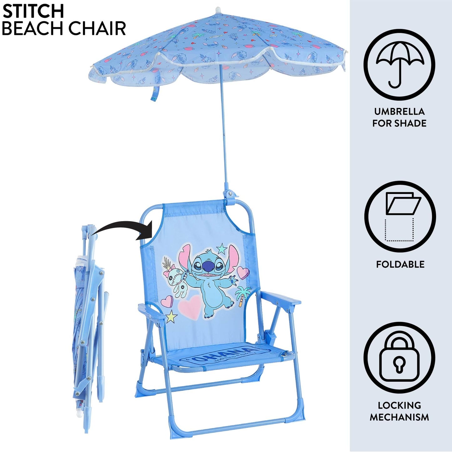 Disney Stitch Kids Beach Chair with Umbrella,Foldable Portable Toddler Chair with Armrests, Locking Mechanism & Sun Shade
