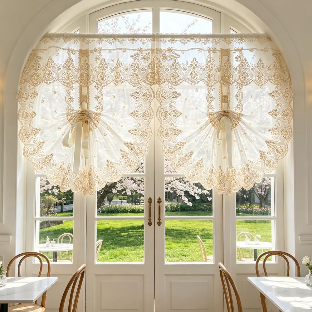 2PC Luxury Metallic Beige Flower Embroidery Lace Pull Up Balloon Curtain