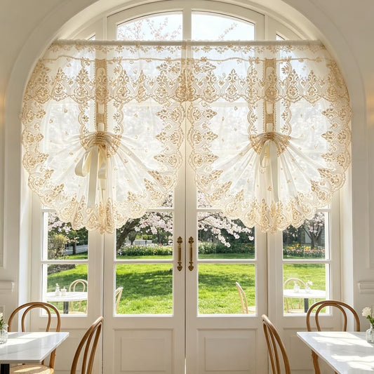 2PC Luxury Metallic Beige Flower Embroidery Lace Pull Up Balloon Curtain