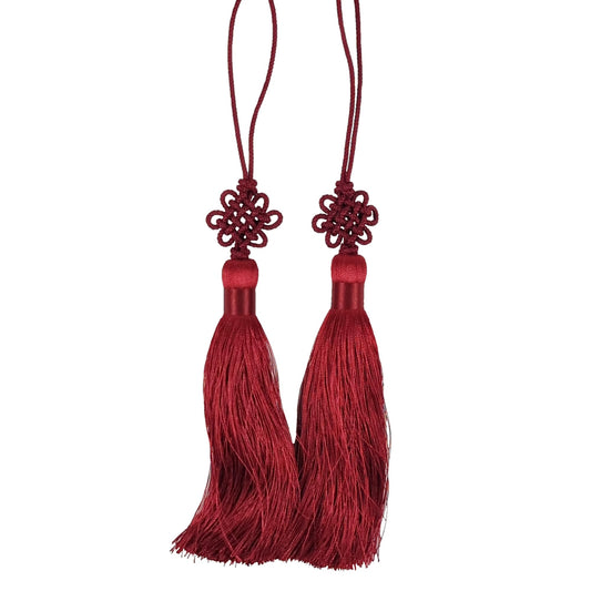 Seoulful Vintage Mini Korean Silk Knot Norigae Set - 2 Pack Arirang Inspired Tassel Bag Charms in 13 Colors - Traditional Hanbok Accessories (Dark Red)
