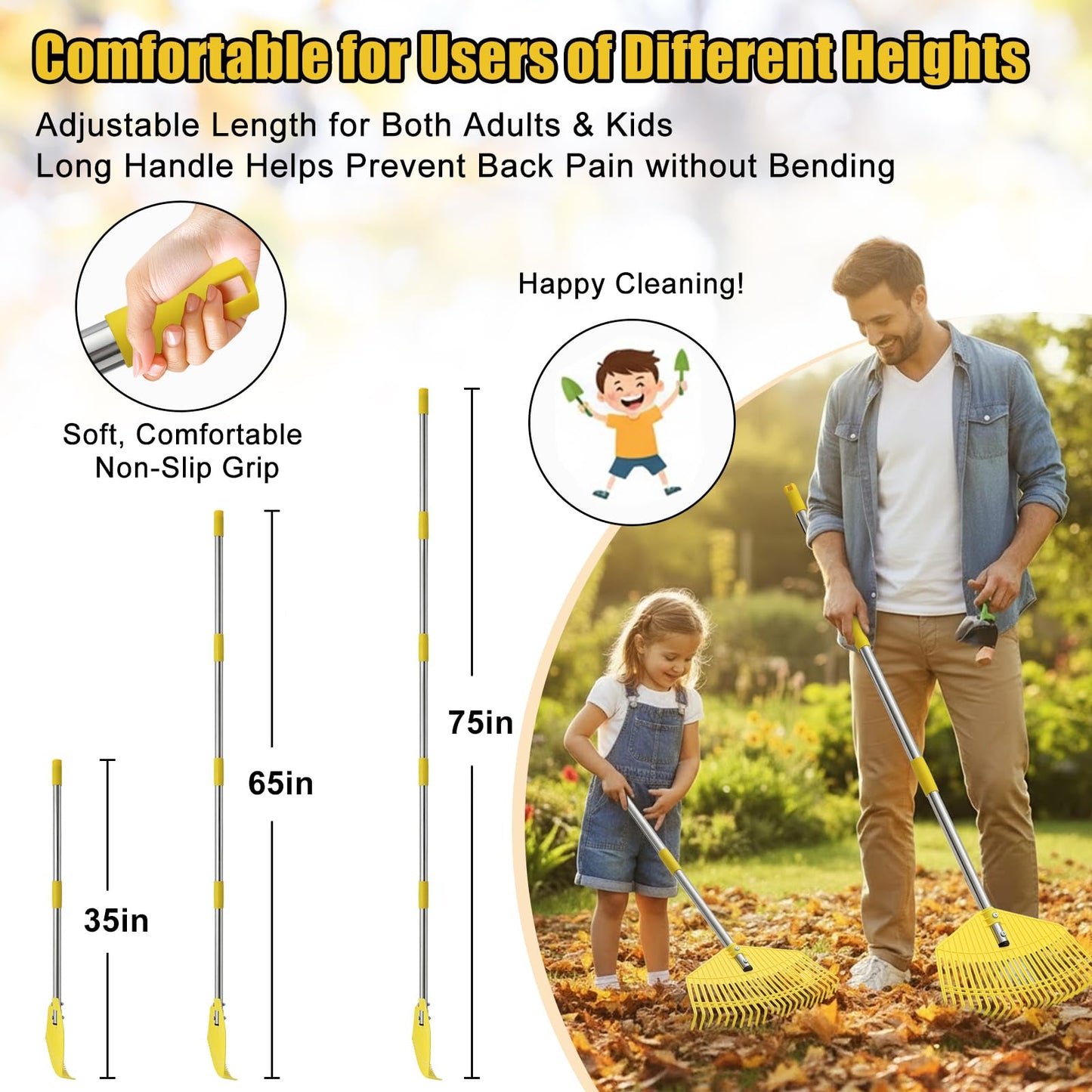 Plastic Leaf Rake for Lawns - Lightweight & Anti-Break Nylon Head, 16.5'' Wide Yard & Garden Rake for Leaves, Grass, Pine Needles, Adjustable Long Handle Easy Use for Women,Seniors,Kids