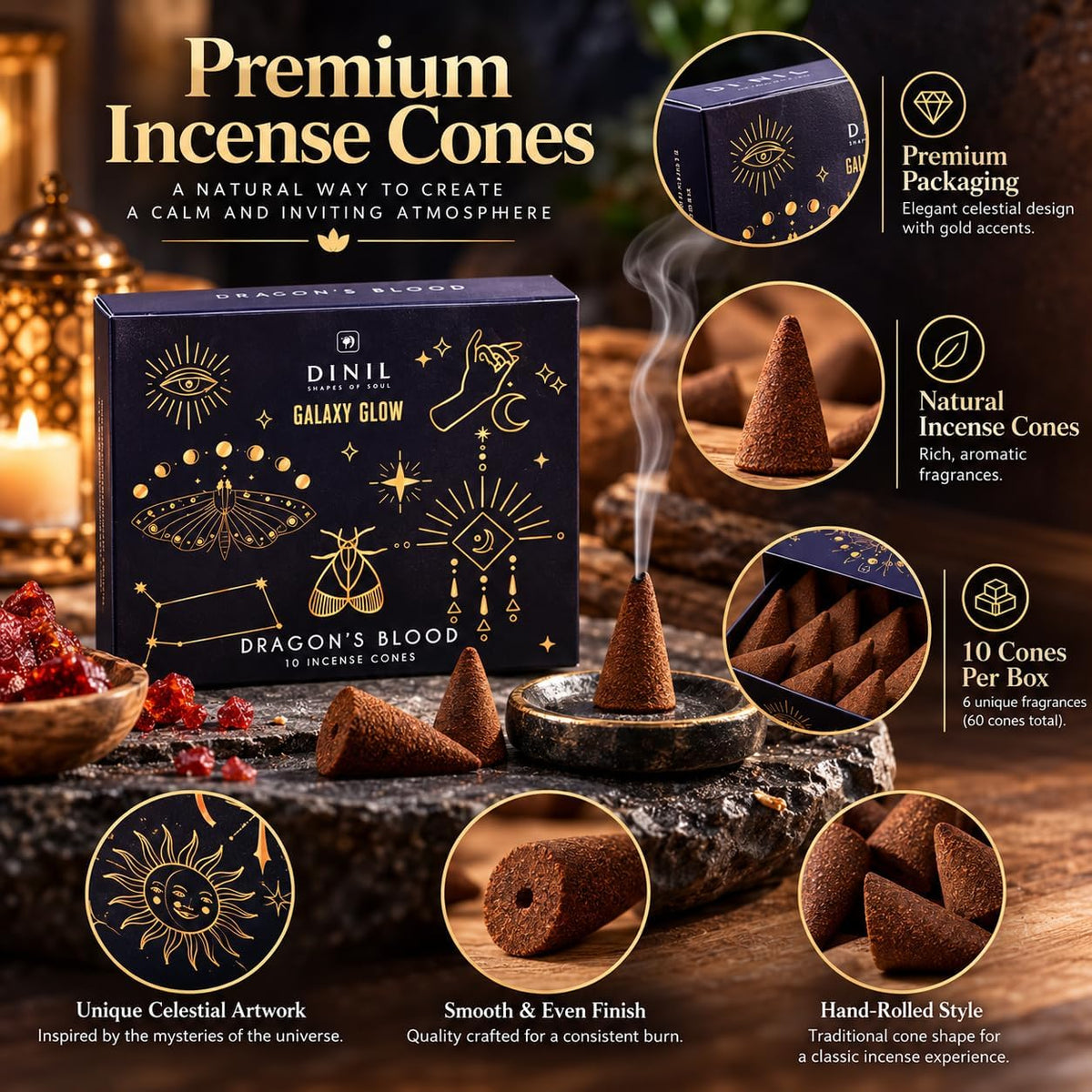 Dinil Cosmic Aura Incense Cones Variety Pack, 60 Cones, 6 Fragrances
