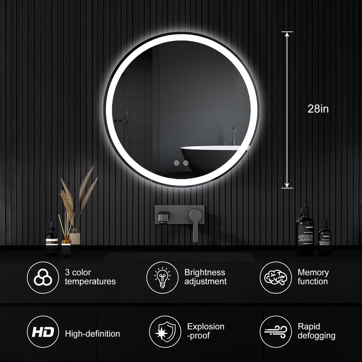 DUMOS 28 Inch Round LED Bathroom Mirror with Lights, Circle Vanity Mirror