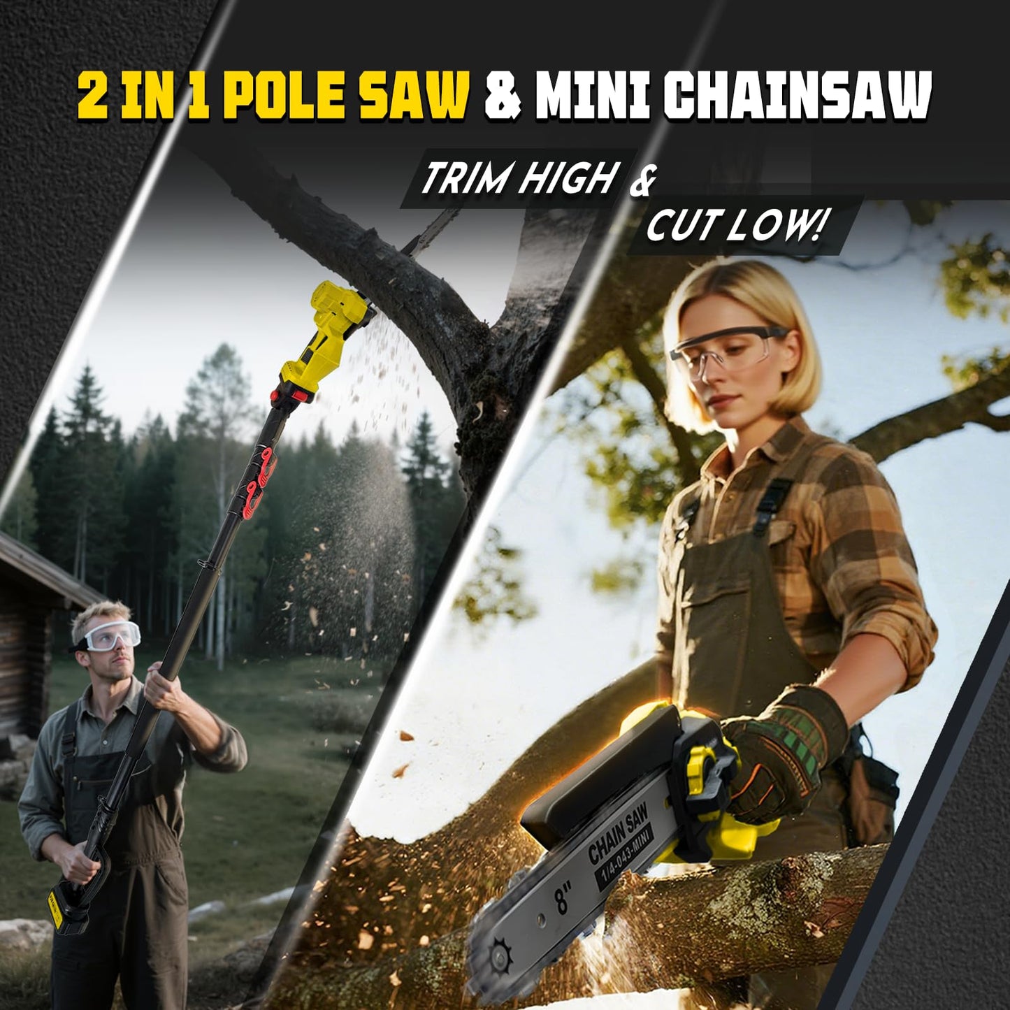Brushless 2-IN-1 Cordless Pole Saw & Mini Chainsaw, 2× 21V 4.0Ah Battery 8 Inch Chain, Max Reach 16 Ft & Multi-Angle Electric Pole Saw for Tree Trimming, Pole Saw Battery Powered for Branch Cutting