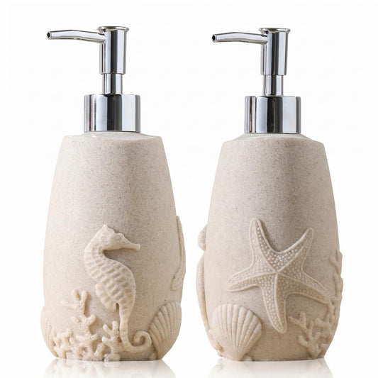 Haocoott Soap Dispensers 350mL 11OZ, 2 PCS Luxurious Ocean Hand Dish Lotion Shampoo Soap Dispenser Jar, Sea Shell Soap Pump Bottles for Kitchen Bathroom Countertop Beige