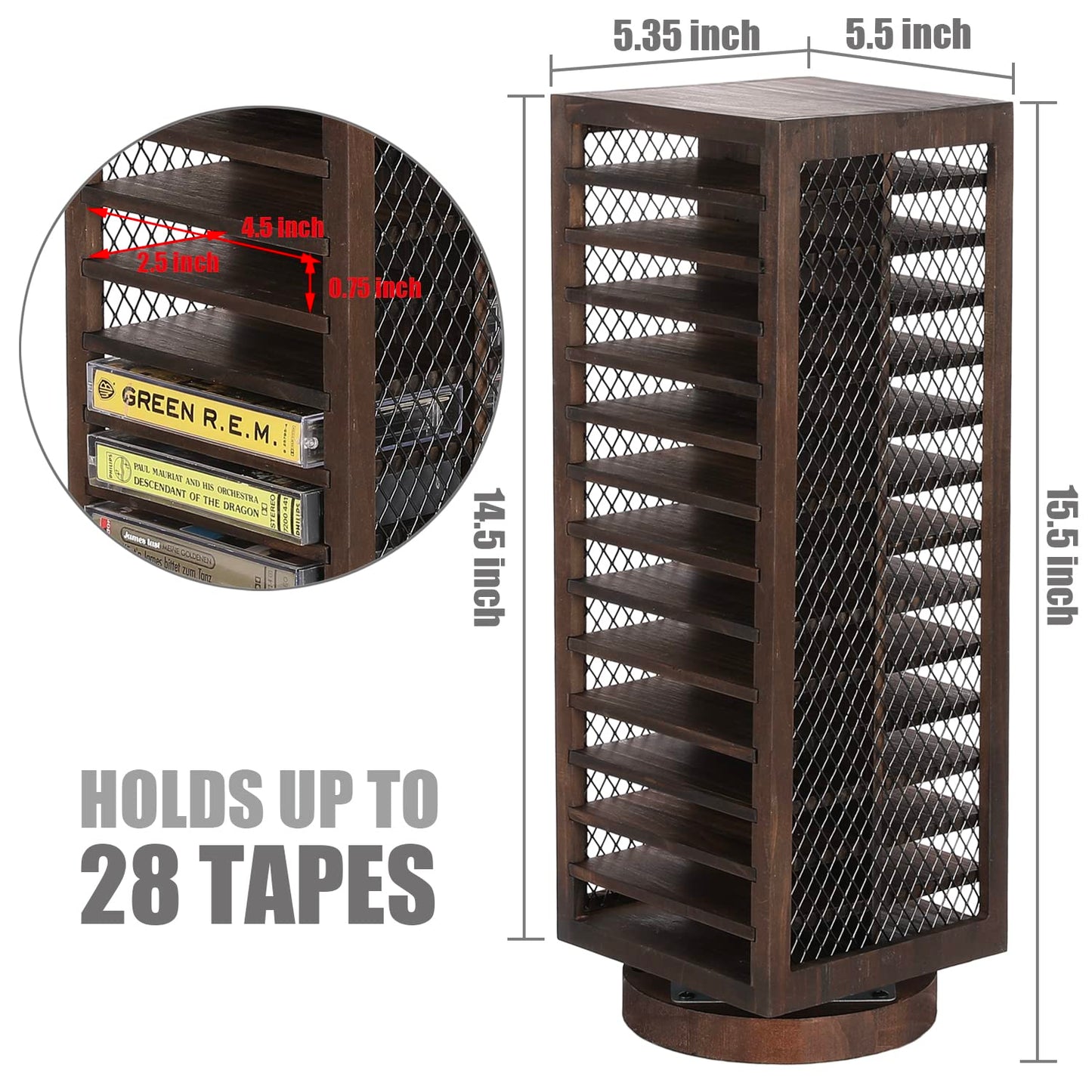 FARM IN Cassette Tape Storage, 360-Degree Rotatable Design Farmhouse Style Cassette Rack Tower, Double-Sided 28-Slot, Rustic Solid Burnt Wood & Diamond Metal Wire Mesh