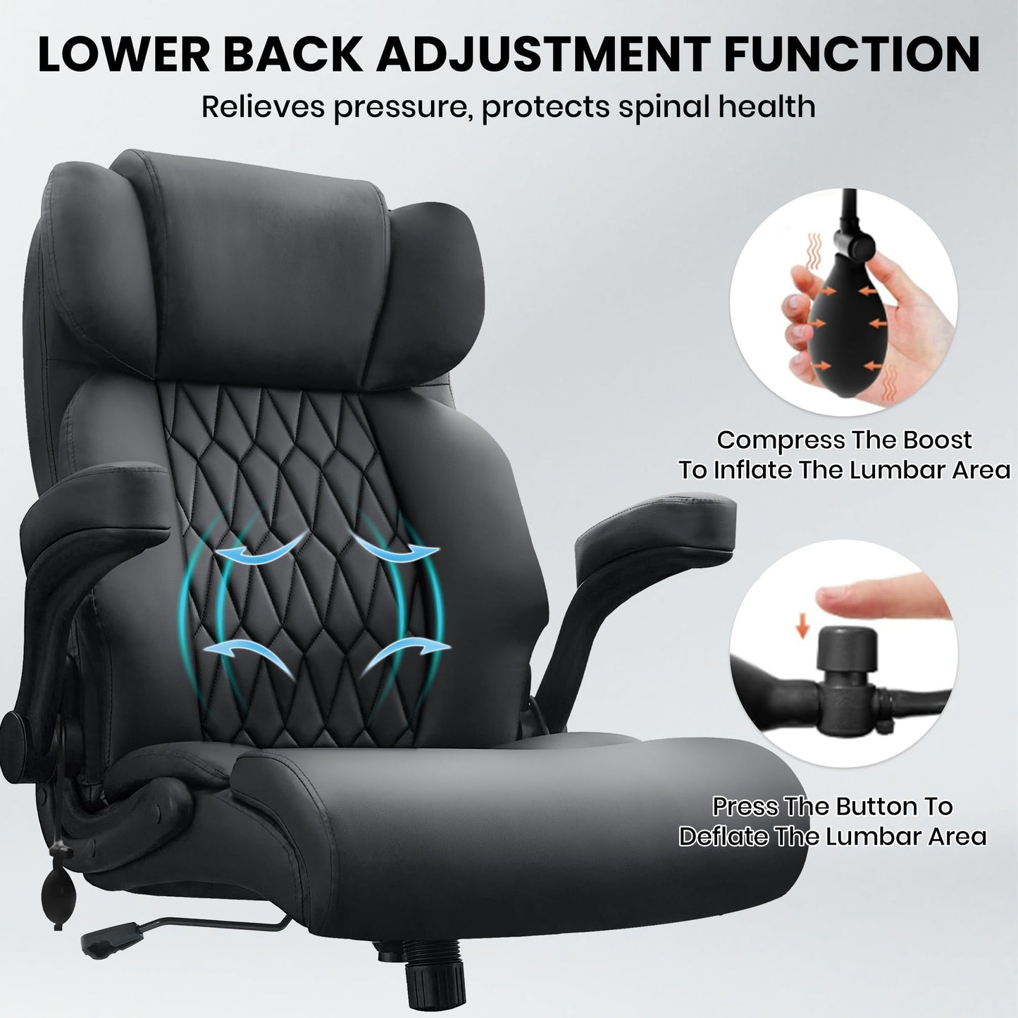 500lbs Big and Tall Office Chair Adjustable Lumbar Support for Back Pain, Extra Wide Seat Executive Office Chair Thick Armrest Pad, Heavy Duty Base&Upgraded Wheels, Ergonomic Desk Chair