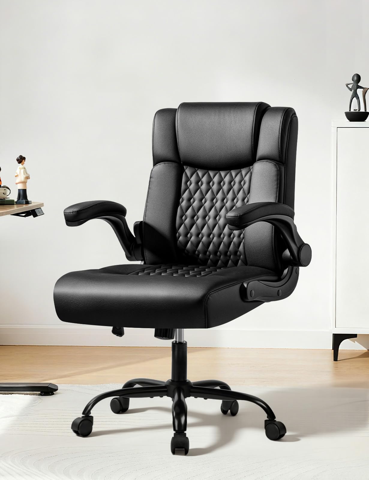 VENDORZ Executive Office Chair, Ergonomic Home Office Desk Chair with Lumbar Support & Flip-up Armrest, PU Leather Computer Seating for Short People, Black