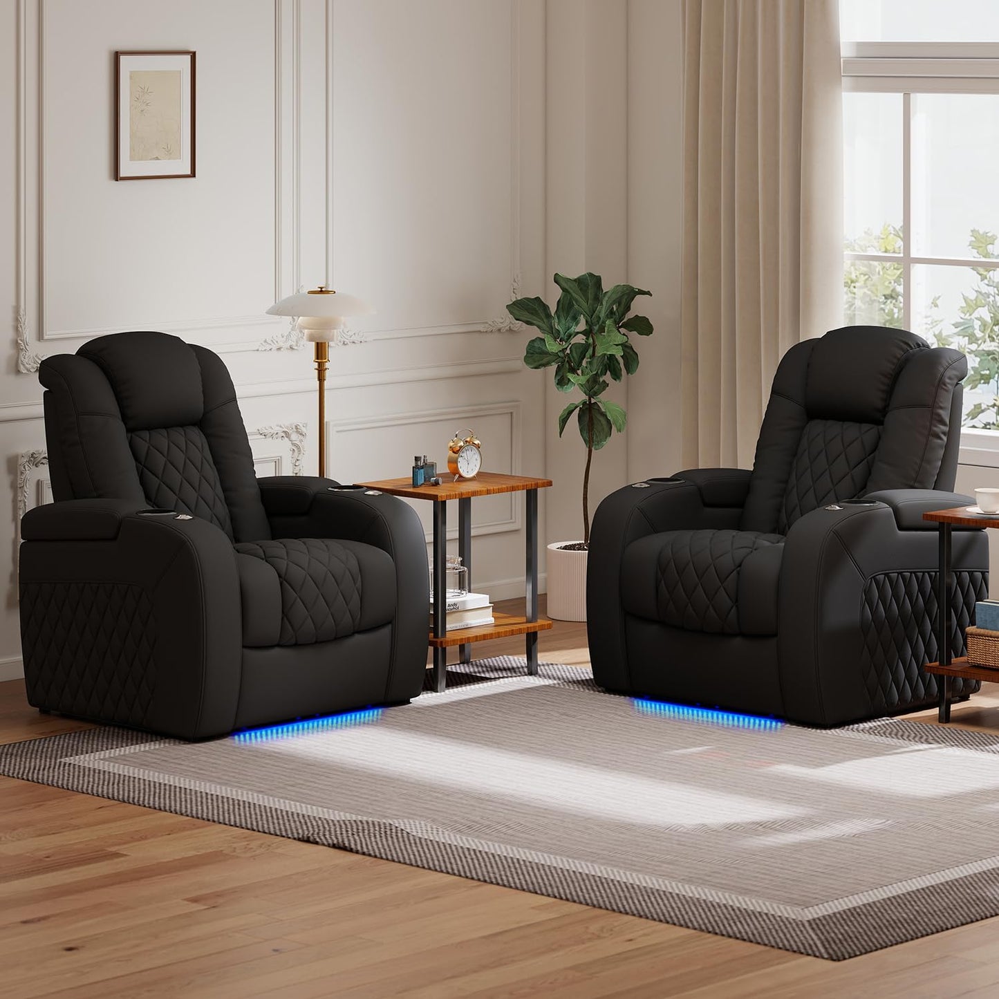 PBRO Home Theater Seating Genuine Leather Recliner Chair, Power Reclining & Headrest, USB A/C Charging Ports, Tray Table, Cup Holder Ambient Lighting Black 2 Set