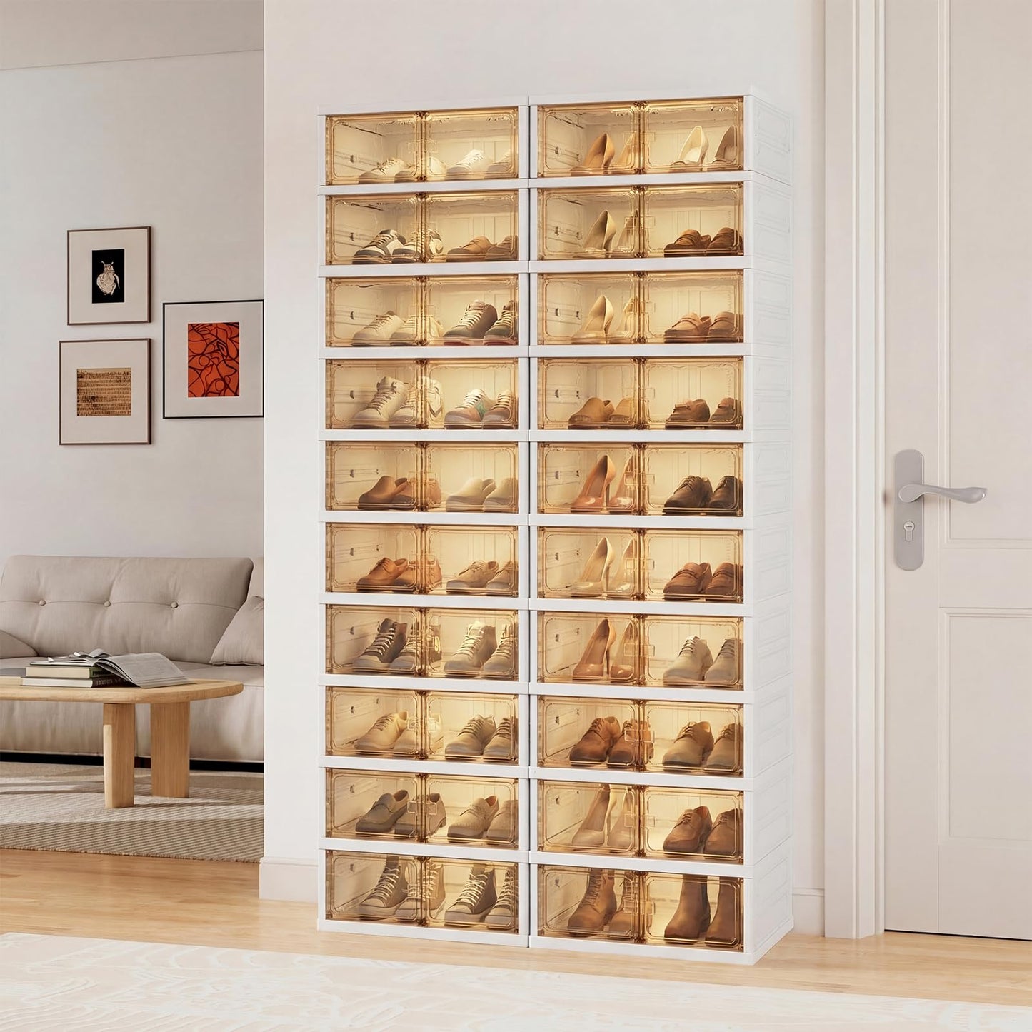 Danrelax 10-Tier Foldable Shoe Rack Organizer, 40 Pairs Stackable & Collapsible Shoe Cabinet with Transparent Doors & Leather Handles, Space-Saving Storage for Closet, Kitchen, Cabinet (No Boots Tier)