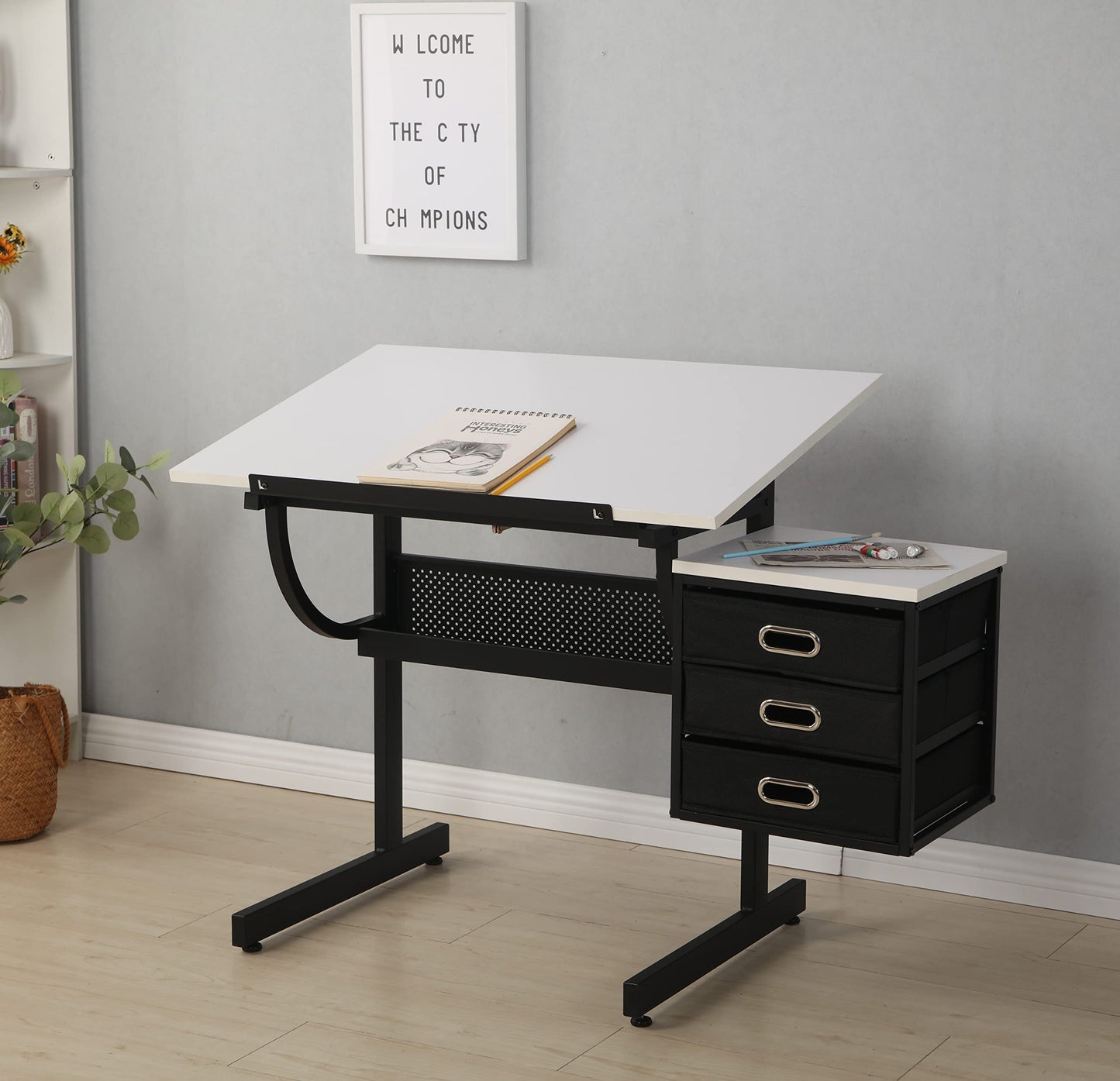 MOMONITOR White Adjustable Drafting Table with Stool & 3 Drawers, Tilting Art Desk for Drawing & Crafting, Multi-Functional Study & Office Desk