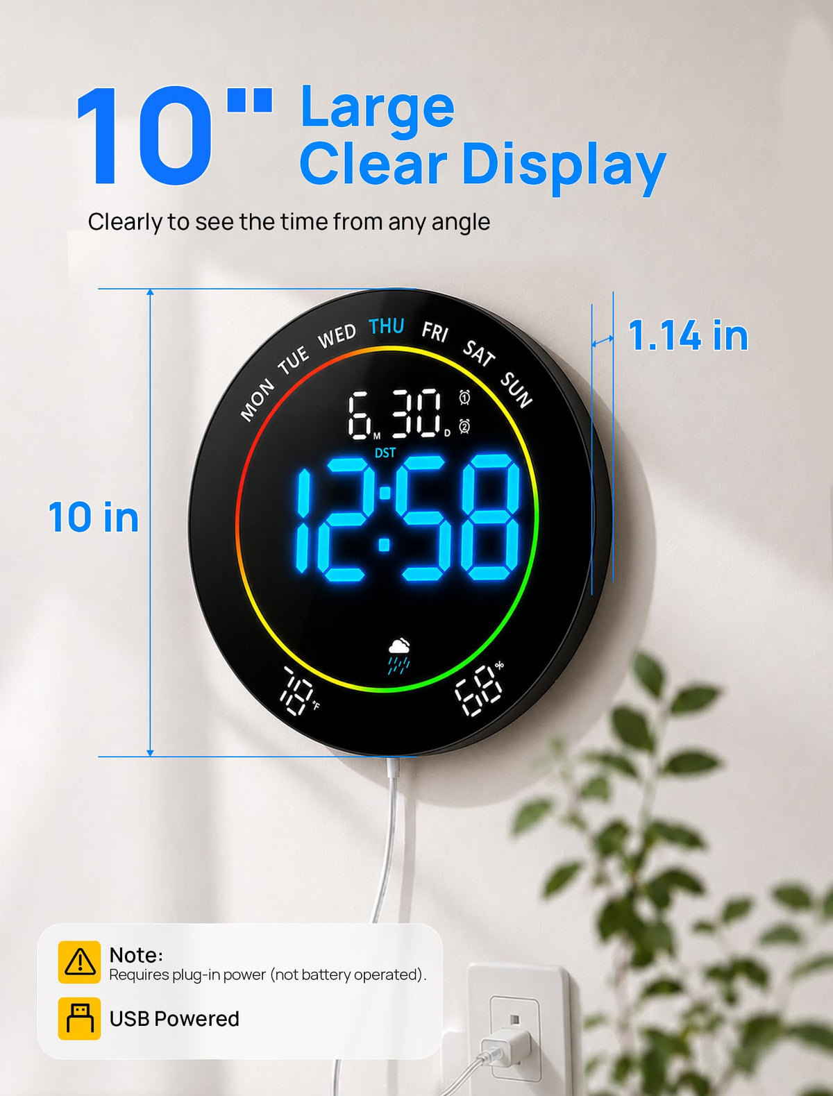 MASHI 10"Easy-Read Large Digital Wall Clock,11-Color Night Light,Auto-DST