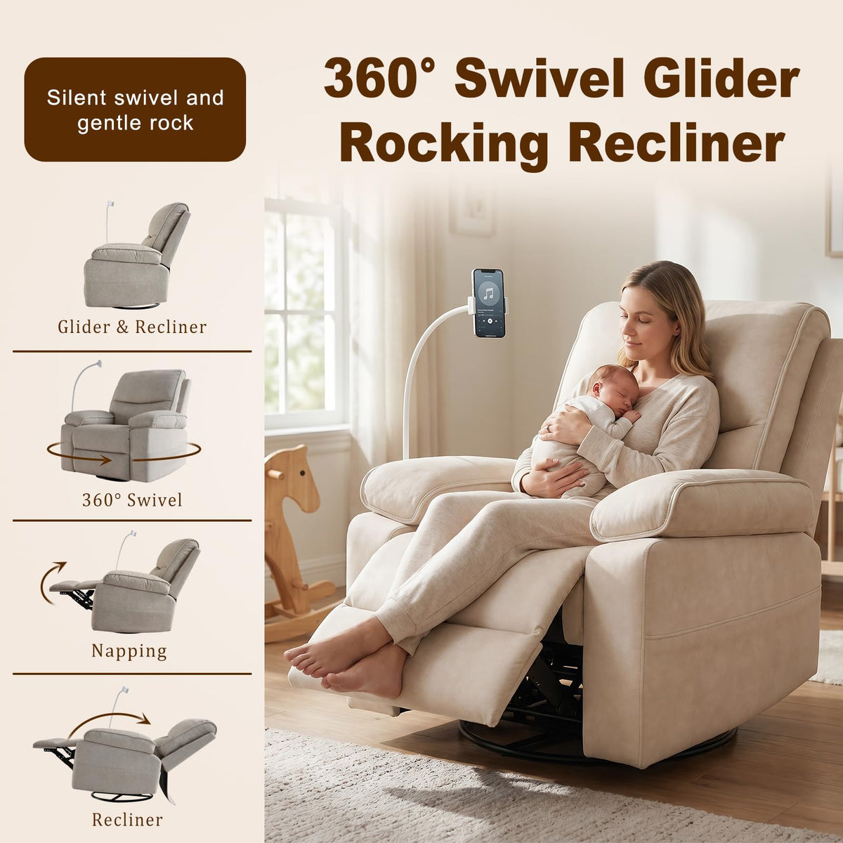 DEPSIS 360° Swivel Glider Rocking Chair Nursery， Oversized Recliner with Phone Holder，Nursing Chairs for Breastfeeding with Wide Foot Rest for Living Room and Baby Room,Beige