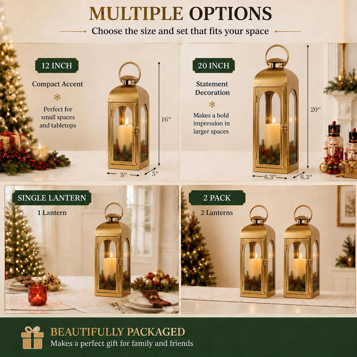 Christmas Decorative Lanterns Gold Metal Candle Holders 16 Inch 2 Pack