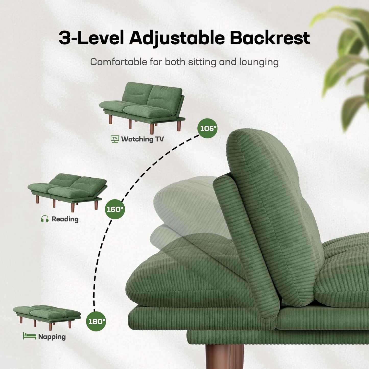 Marsail 66" Futon Sofa Bed, Futon Couch with Adjustable Backrest & Armrests, Convertible Sleeper Sofa Bed for Apartment, Living Room, Office, Corduroy Loveseat, Green