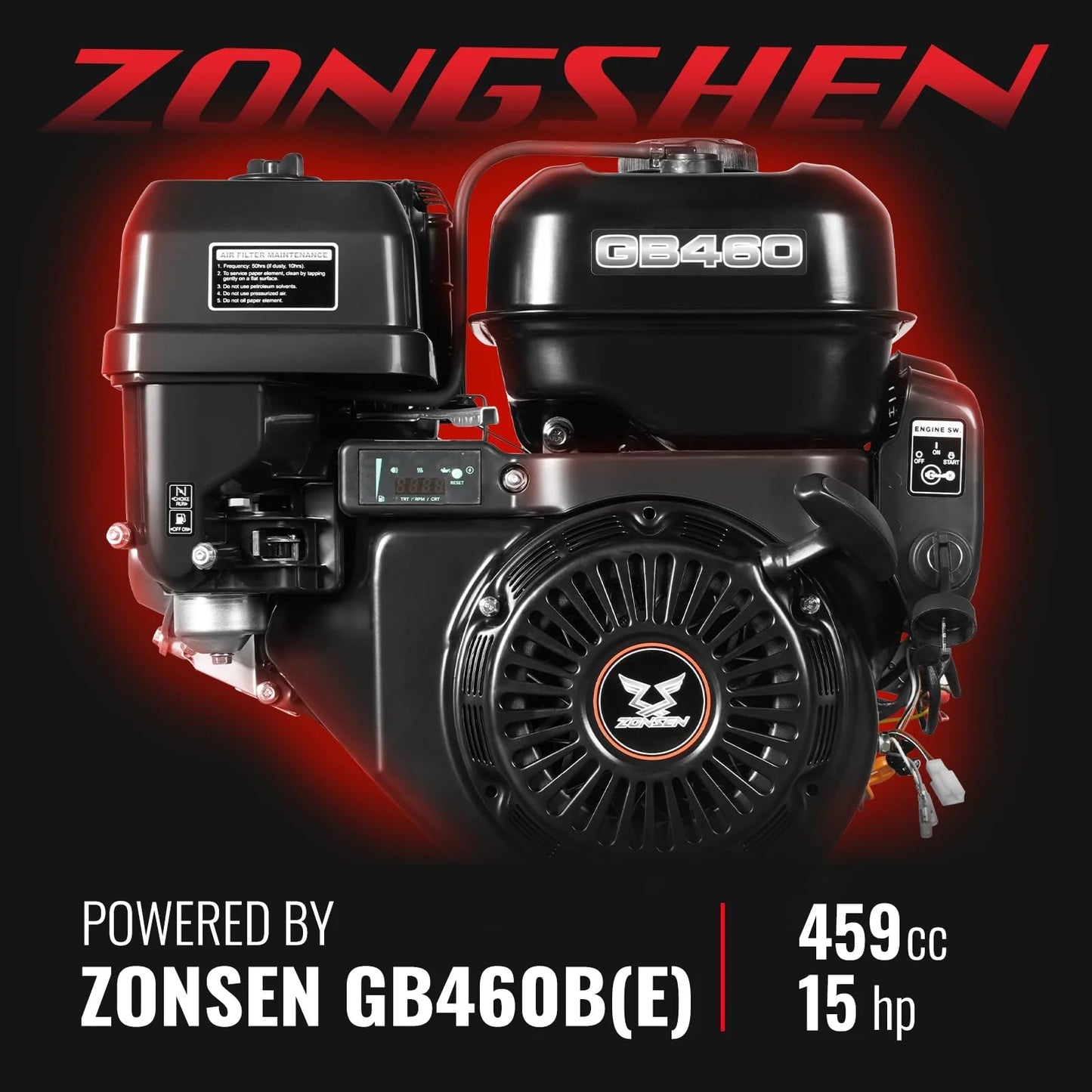 MechMaxx 6 inch ZONSEN 459cc 15hp E-Start Gas Powered 4-Wheels Wood Chipper Shredder Mulcher with Towbar/Tail Light/Emergency Stop Button/Stop Bar, Model B150 Red