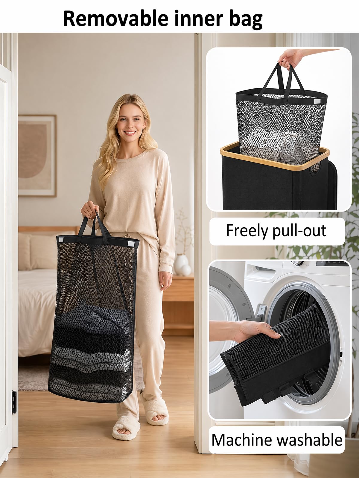 iEGrow Laundry Hamper with Lid, 110L Large Laundry Hamper with Handle and Lid, Collapsible Clothes Basket Organizer with Removable Inner Bag for Clothes Toys Towels - Black