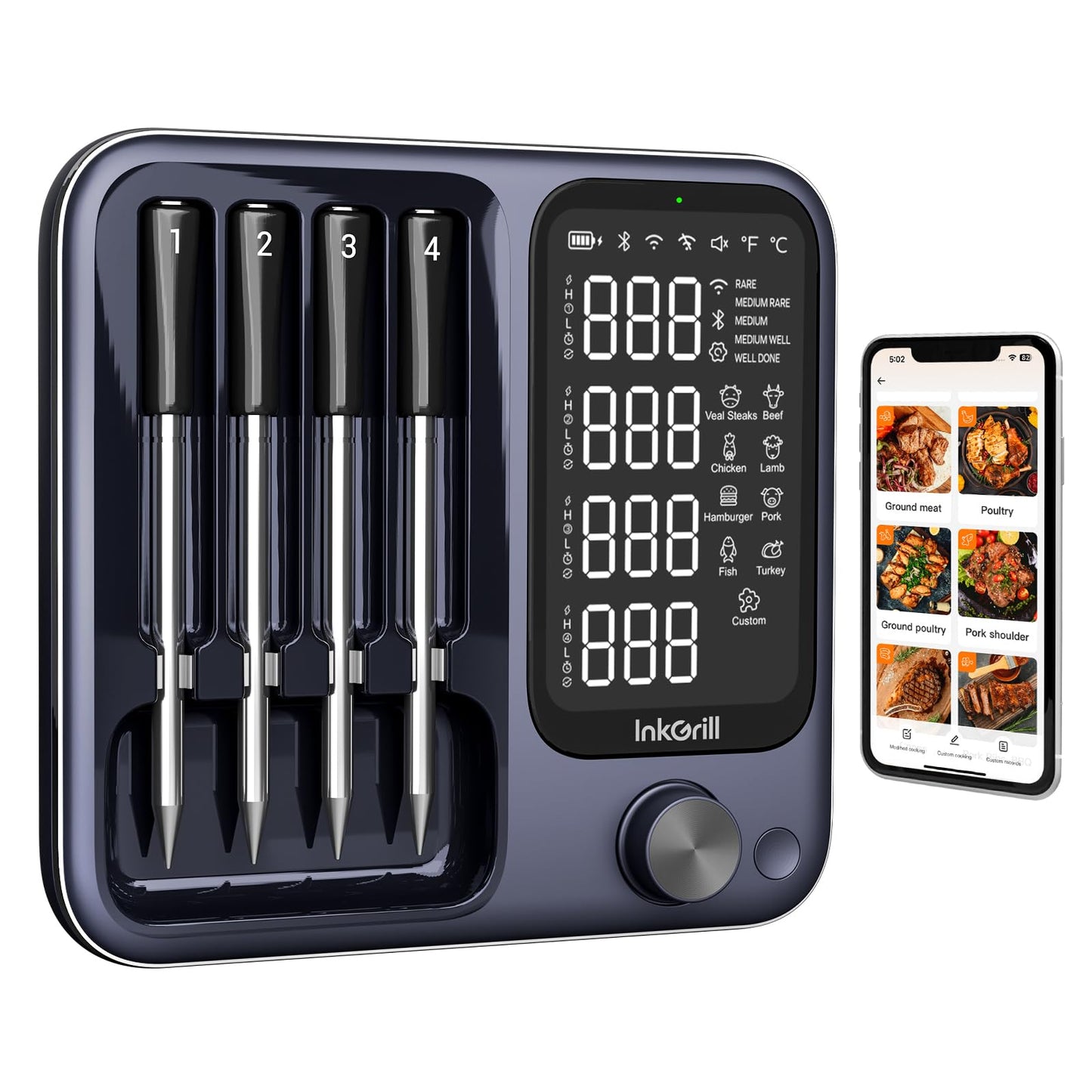 InkGrill Wireless Meat Thermometer with APP Control，4 Probes Meat Thermometer Digital, Unlimited Range WiFi & Bluetooth Meat Thermometerfor for Rotisserie, Grill, Oven, Smoker, BBQ, Air Fryer