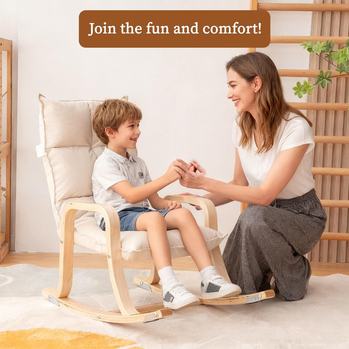Swegrow Kids' Recliners，Rocker and Stationary Options, Sensory Rocking Chair for Kids & Toddlers，Versatile Floor Chair with Soft Fabric and Stability for Playroom, Bedroom, or Nursery (Beige)