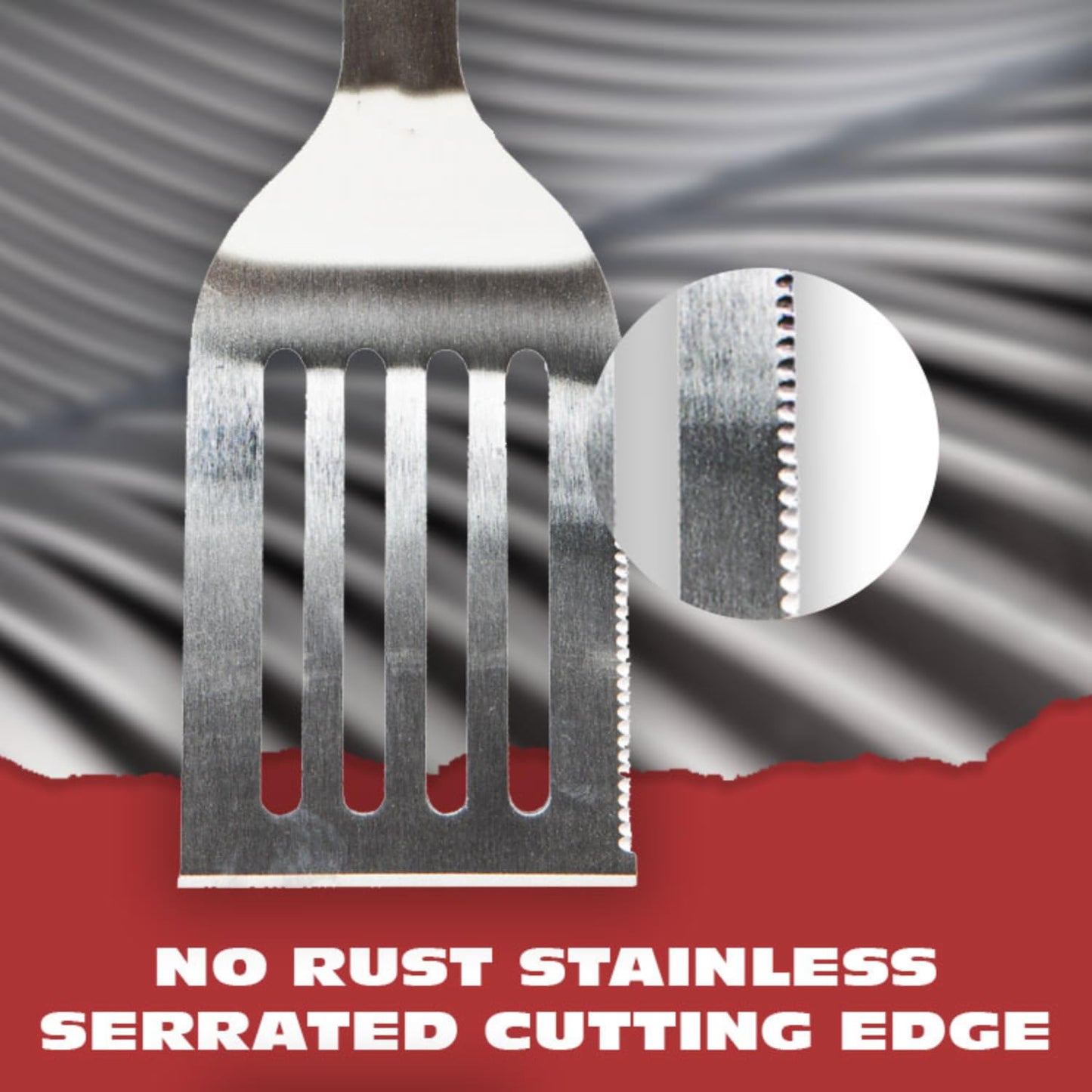 BBQ-AID Pro BBQ Metal Spatula - 17" Barbecue Spatula Stainless Steel with Serrated Knife Edge - Acacia Wood Handle - Heavy Duty Built to Last