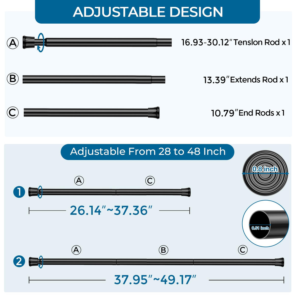 AIZESI 4pack Spring Tension Curtain Rod 28-48" Black No Drill Rods