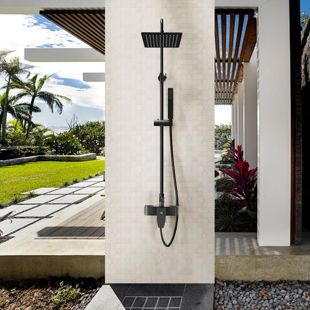 POP SANITARYWARE Matte Black Outdoor Shower System | Solid Brass Valve & Stainless Steel Rainfall & Handheld Combo