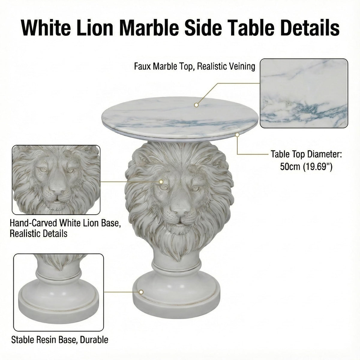 Eshiaeid White Lion Head Sculptural Side Table with Faux Marble Top, 19.7" Round Animal End Table, 25.6" H Majestic Accent Nightstand for Living Room & Bedroom, Luxury Housewarming Gift