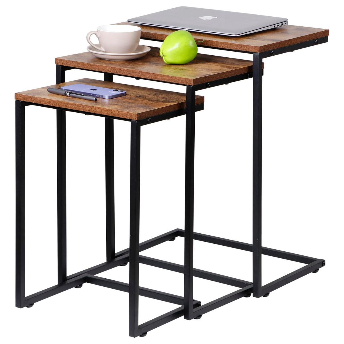 SUPER DEAL Nesting Tables Set of 3, Industrial C Shaped End Table Stackable Coffee Table Heavy Duty Metal Frame for Small Space, Living Room, Bedroom, Side Table Tray for Laptop Snack, Rustic Brown