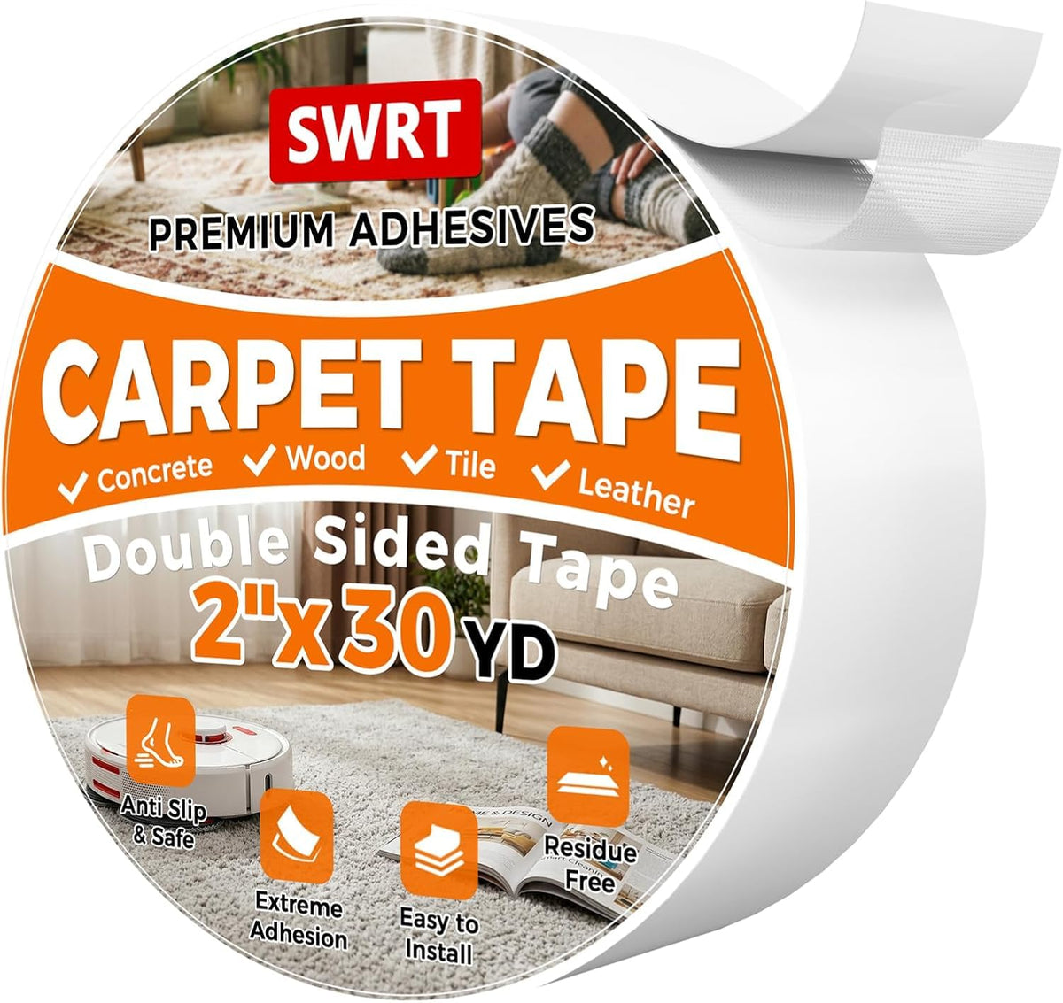 SWRT Double Sided Carpet Tape, 2 in x 30 Yards Rug Tape for Hardwood Floors