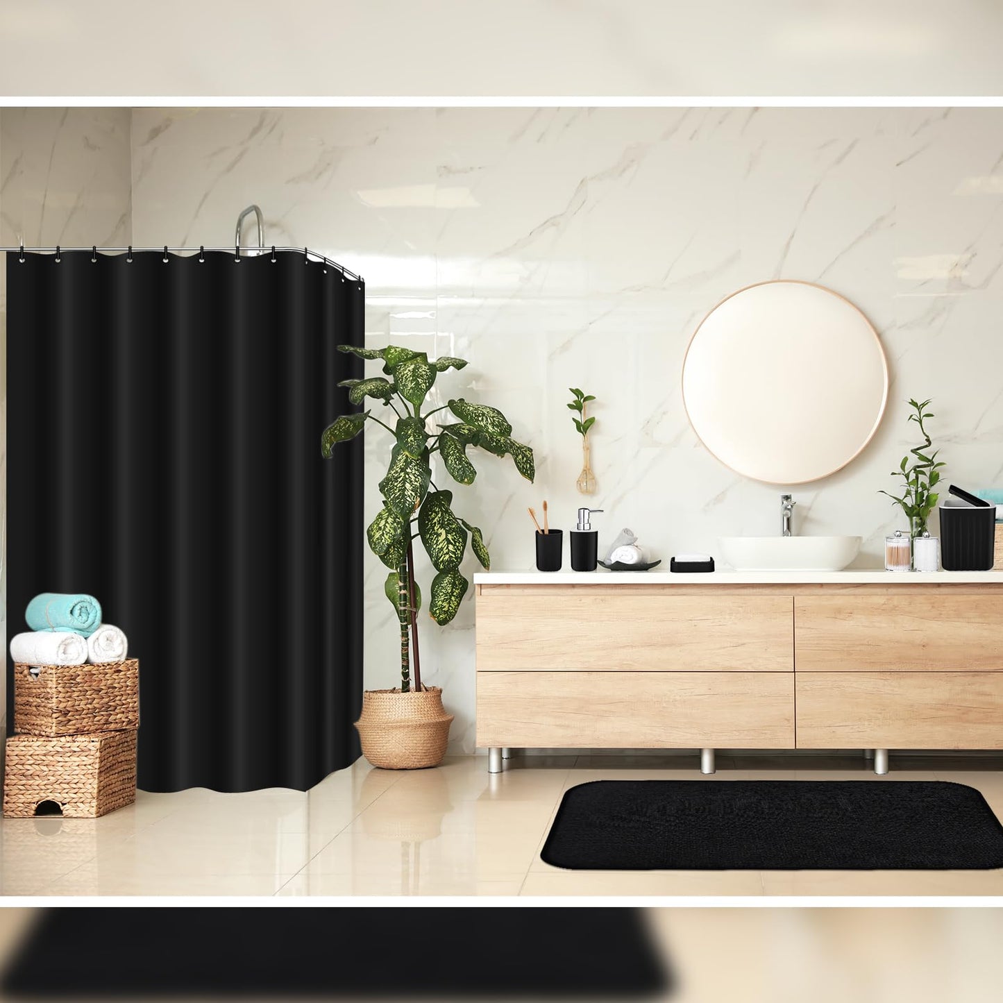 Hosuly 9 Pcs Bathroom Accessory Set Shower Curtain Set, Black