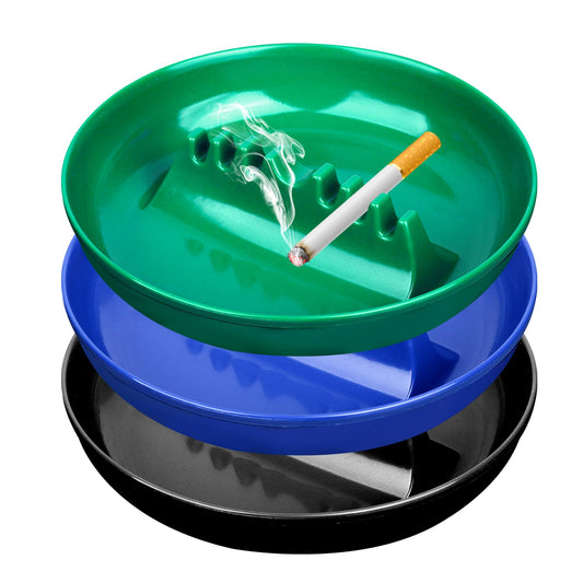 BESUPERT 3Pcs Assorted Colors Ashtray Sets, Ash Tray for Cigarettes and Cigar, Round Large Size Plastic Ashtrays, for Indoor Outdoor Home Office Patio Restaurant Bar Hotel Use (1 Black 1 Green 1 Blue)