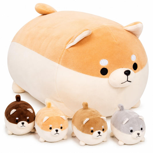 PixieCrush Stuffed Dog Toy - Cute Plushies Shiba Inu Mommy with 4 Puppies - Adorable Plush Pillow for Imaginative Play - Puppy Surprise Soft Animal Toy Set for Girls - Stuffed Animals for Ages 3-8