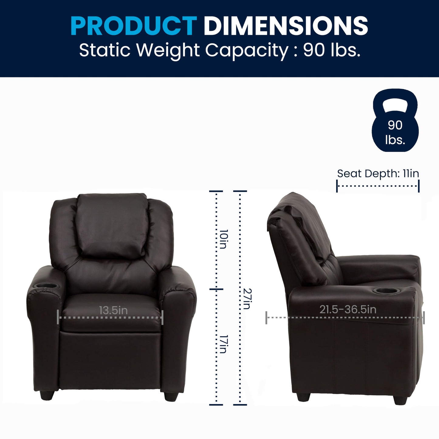 Flash Furniture Vana LeatherSoft Kids Recliner with Cup Holder, Headrest, and Safety Recline, Contemporary Reclining Chair for Kids, Supports up to 90 lbs., Brown
