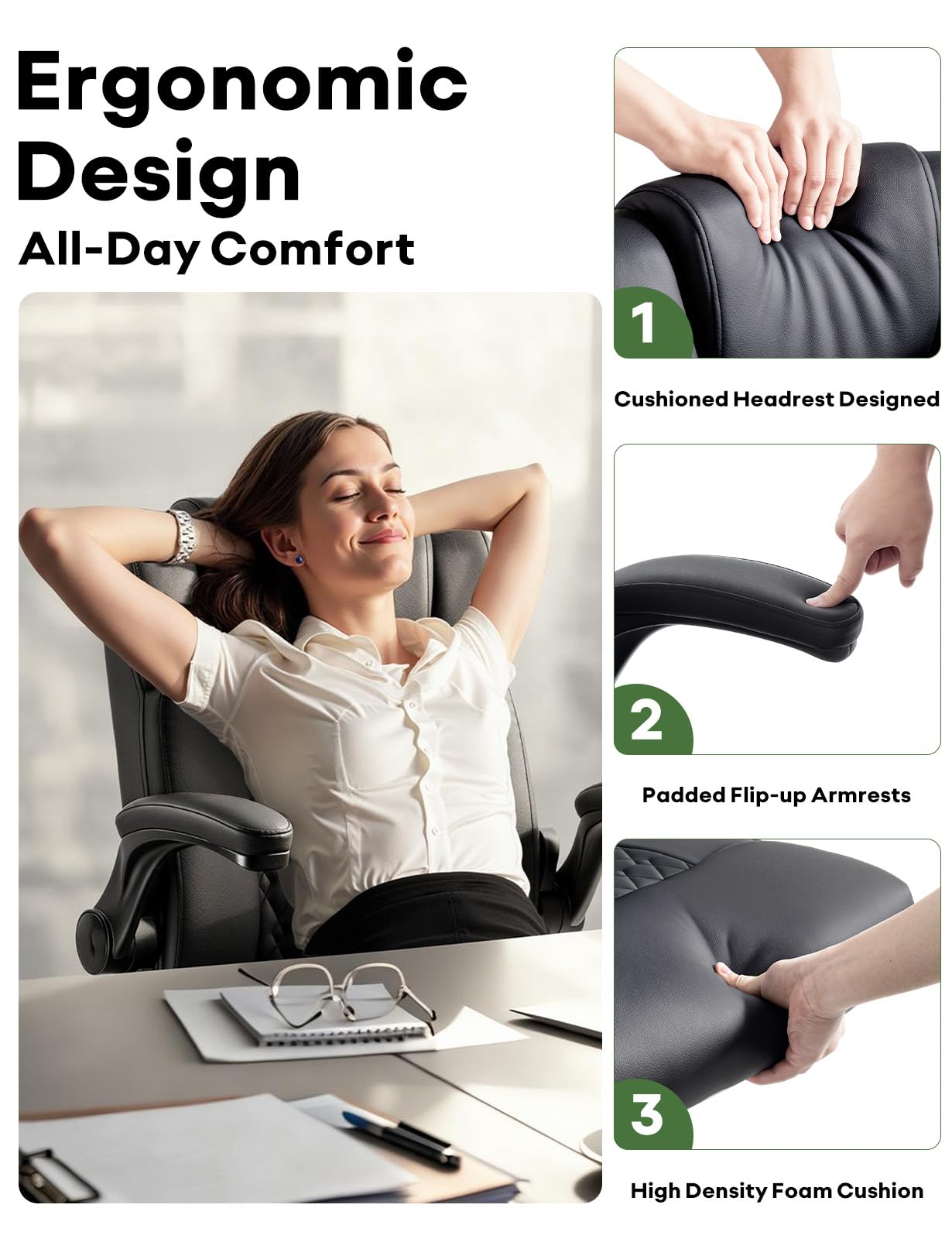 VENDORZ Executive Office Chair, Ergonomic Home Office Desk Chair with Lumbar Support & Flip-up Armrest, PU Leather Computer Seating for Short People, Black