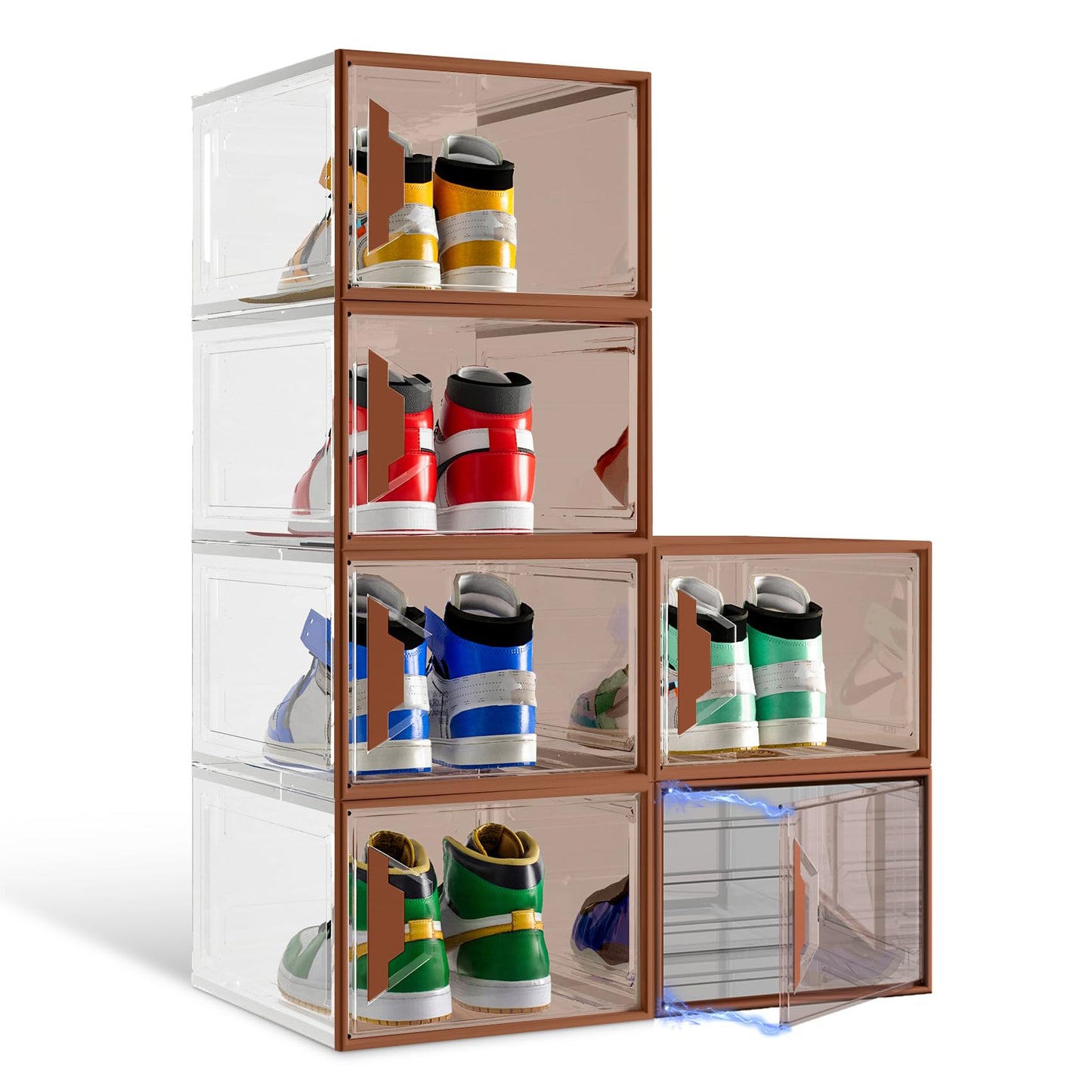 6 Pack Shoe Box Organizer, Clear Thicken Stackable Plastic Shoe Boxes with Magnetic Door, Sturdy Shoe Storage Containers for Sneakers Boots, Easy to Assemble, Fit up to US Size 12(13.2"×10.6"×7.5")