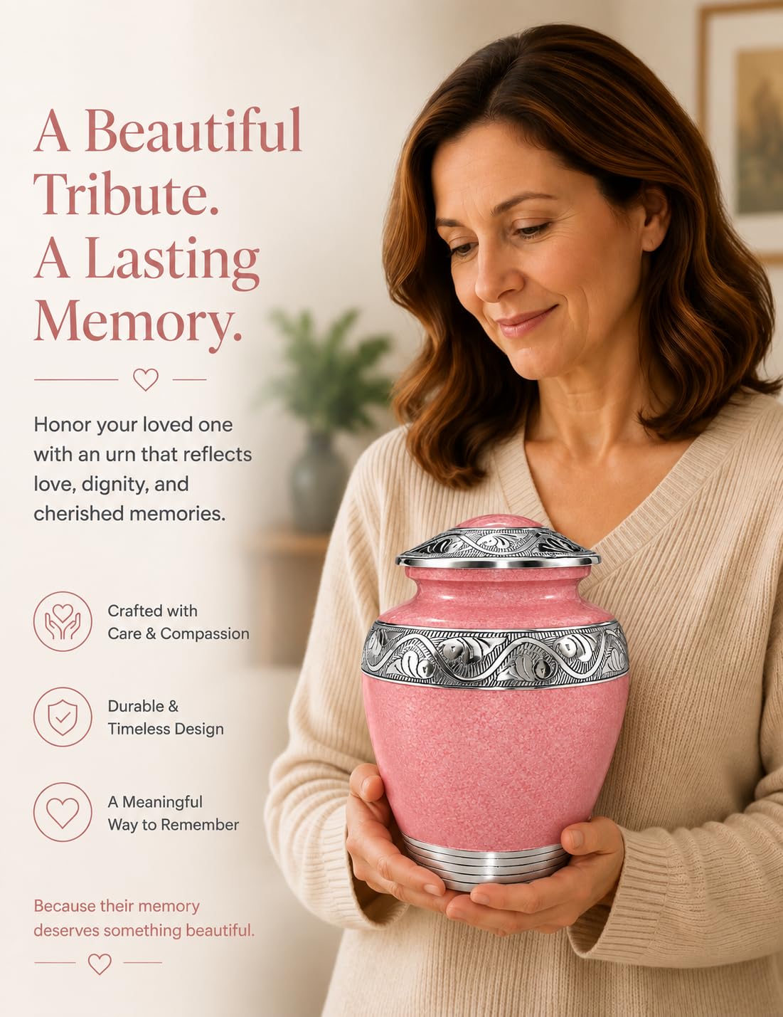 Bold & Divine Cremation Urn for Human Ashes, Adult Memorial Urn for Women & Men, Pink Urn with Silver Engraved Design, Decorative Funeral Urn for Ashes, 9.5 x 7 Inches