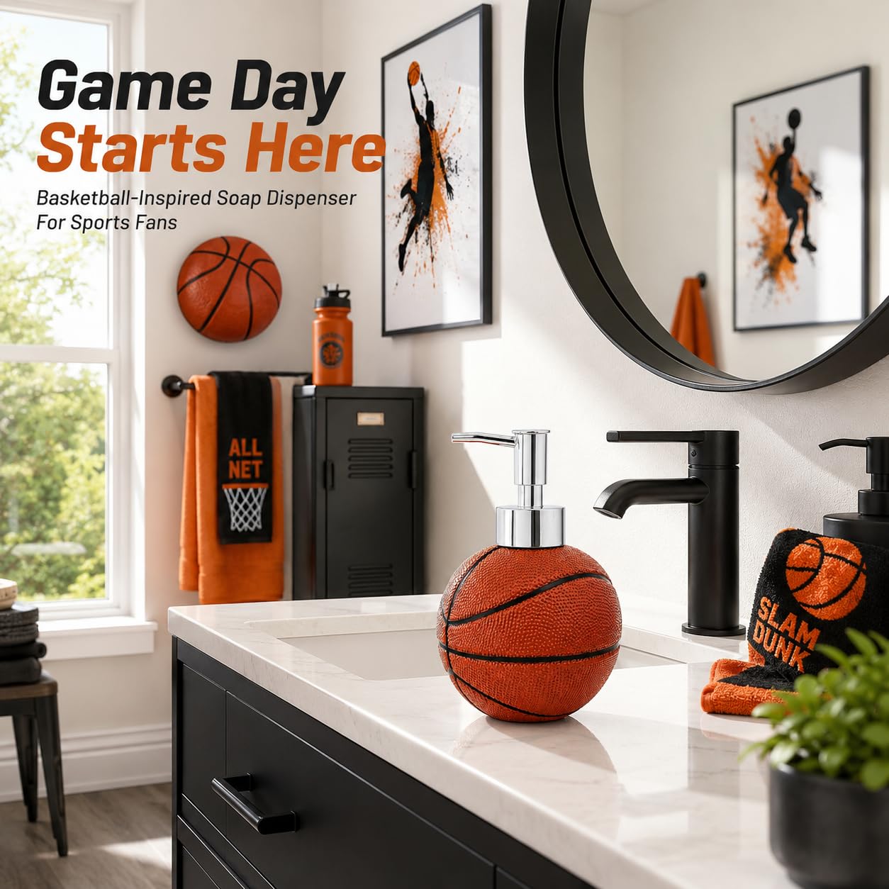 YangShiMoeed 4-Piece Sports Bathroom Accessories Set Complete with Basketball Lotion/Soap Dispenser,Soccer Bath Cup/Tumbler,Base Ball Soap Dish,Football Toothbrush Holder