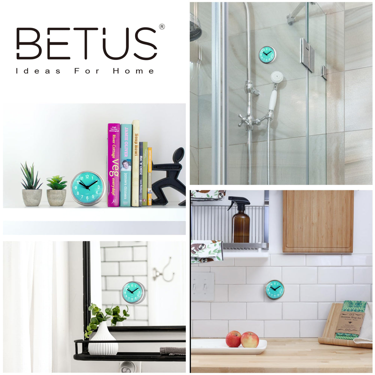 Betus Waterproof Bathroom Shower Clock with Large Suction Cup - Silent, Water Proof, Battery Operated Wall Clock for Toilet, Kitchen, Bedroom (Blue)