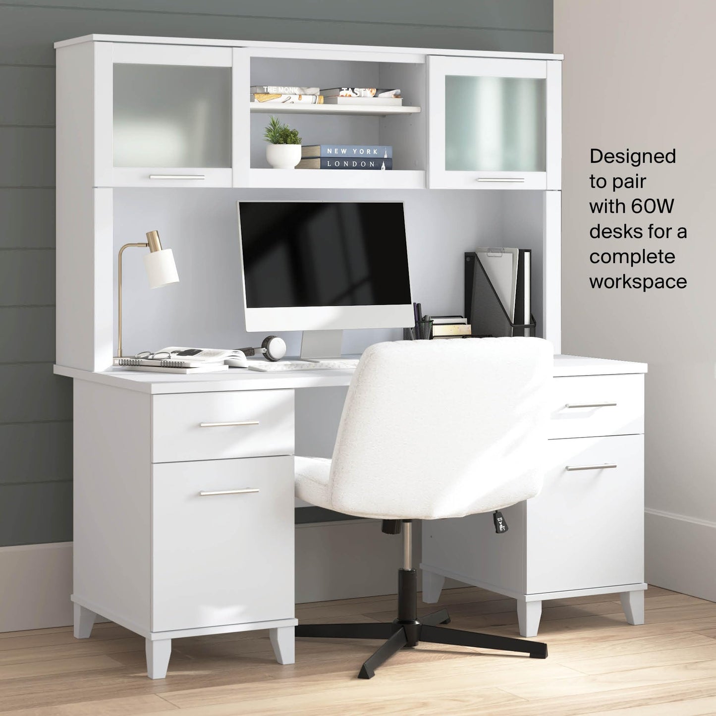 Bush Home 60-Inch Desk Hutch, Office Storage Organizer with Shelves, Cubbies and Frosted Glass Doors for Computer Desk, Home Office Furniture, Somerset Collection, White