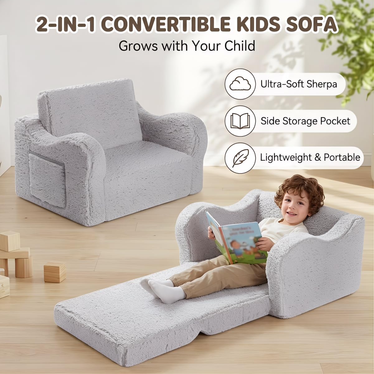 MOMCAYWEX Kids Sofa, 2-in-1 Flip-Out Foam Couch with Soft Sherpa Cover, Cozy Play Lounge Chair, Grey