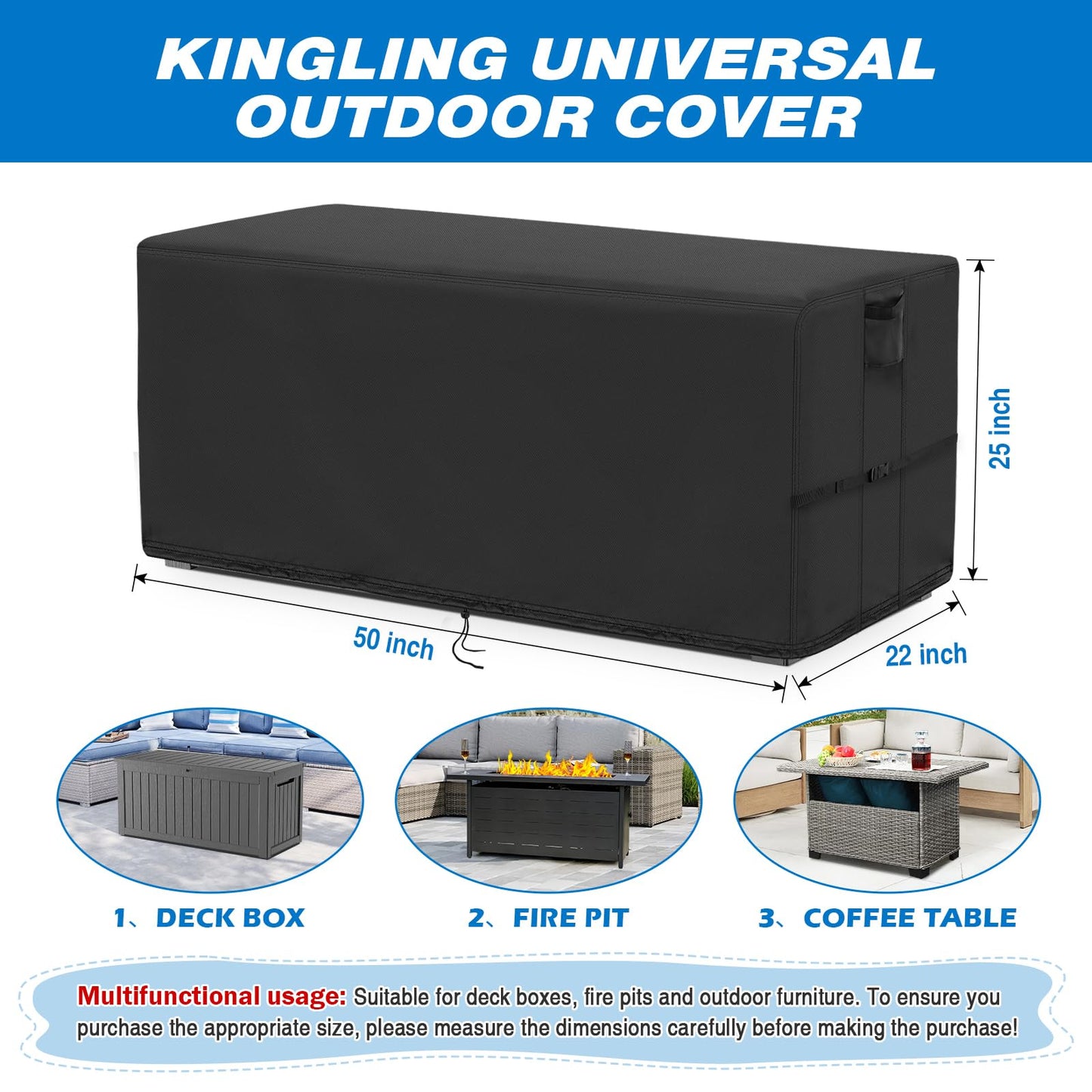 Kingling Deck Box Cover, Outdoor Storage Box Cover for YITAHOME 100 Gallon/Keter 80 Gallon Deck Box, Waterproof Outside Storage Bench Deck Boxes Covers Black (50" L x 22" W x 25" H)