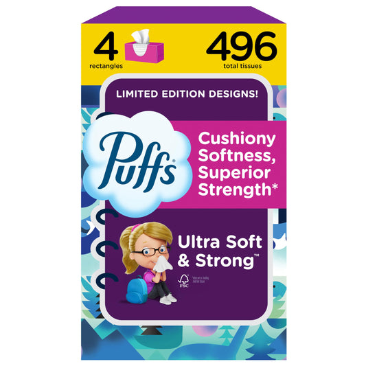 Puffs Facial Tissues Ultra Soft, 4 Family Boxes, 124 Facial Tissues per Box, Allergies and Colds (Packaging May Vary)