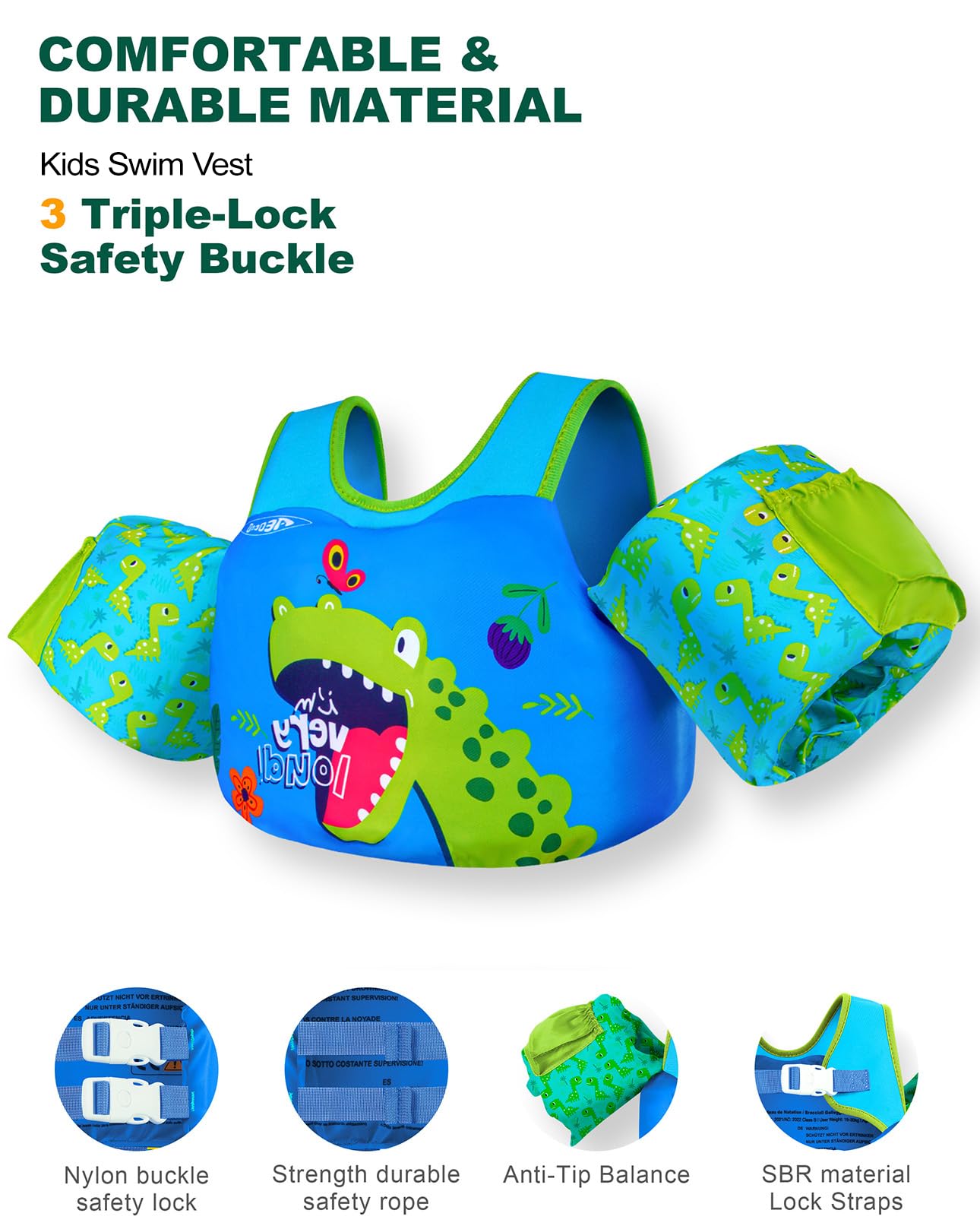 AEOCOO Puddle Float Jumper 20-30 Pounds, Toddler Swim Vest for 1-2-3 Years Old, Pool Floats with Swimming Arm Floaties Swim Jacket with Water Wings for Kids Swimmies, Boys, Girls, Niños, Dinosaur