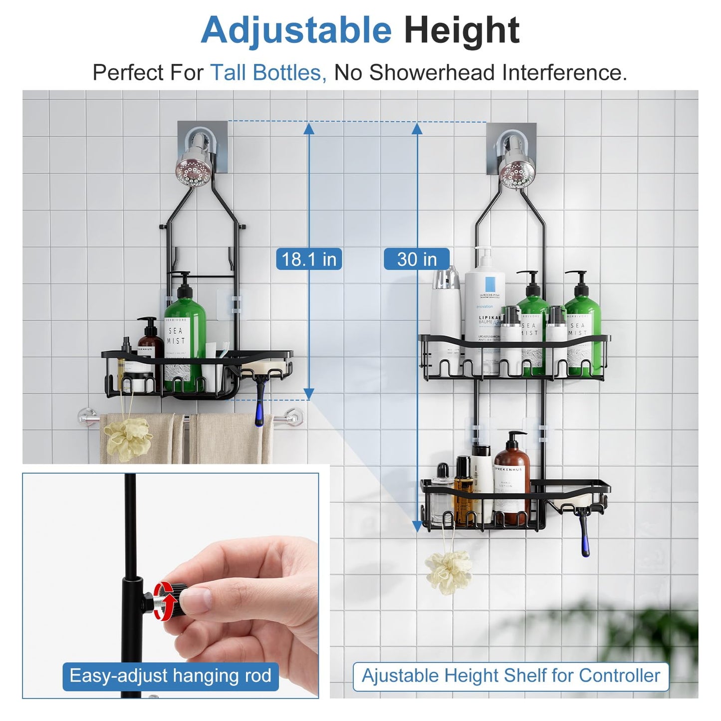 Joqixon Upgraded Extended Length Shower Organizer with Hooks, Rustproof Shampoo Soap Holder, Large Hanging Bathroom Caddy