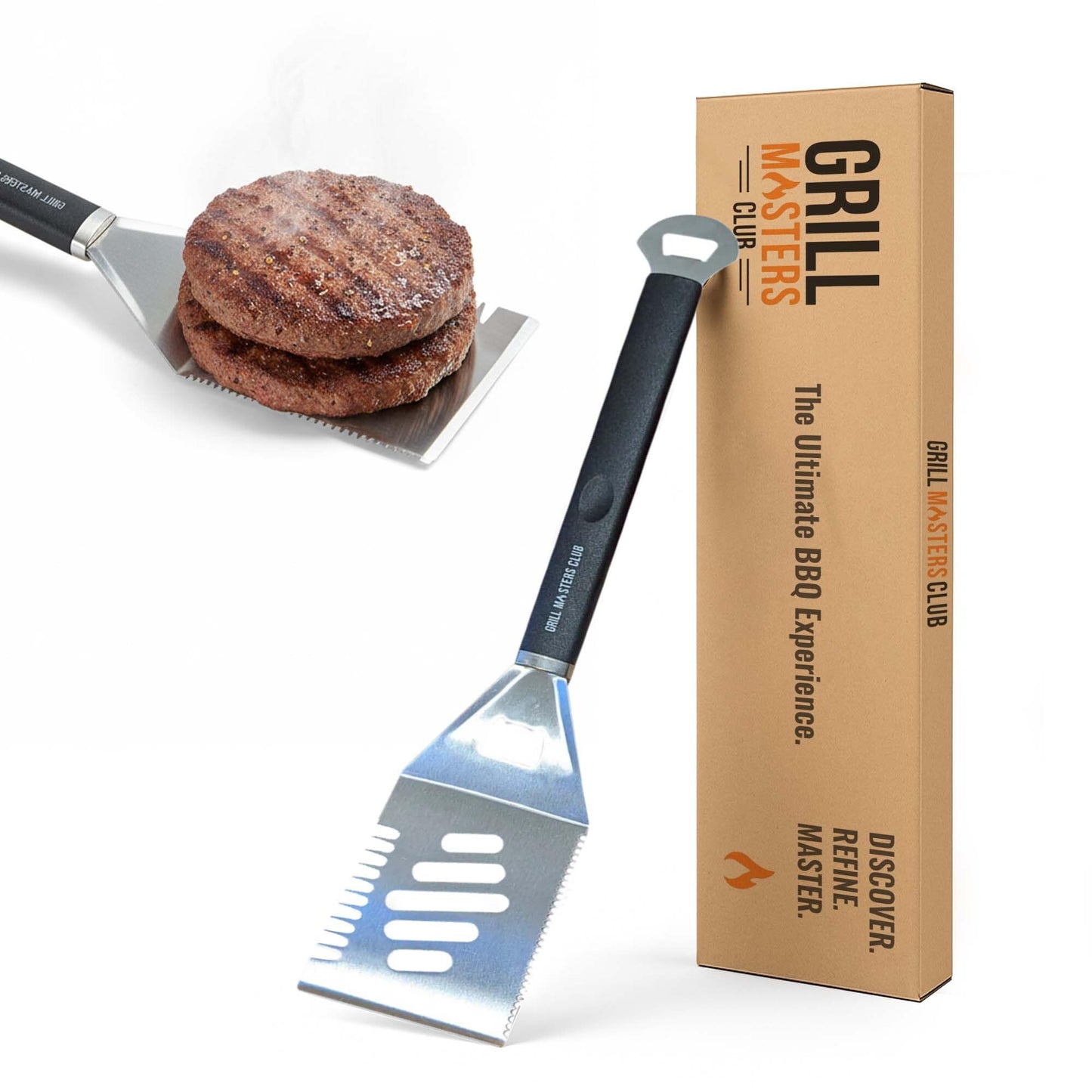 Grill Masters Club 4-in-1 BBQ Spatula | Multifunctional Stainless Steel Grill Spatula with Polypropylene Handle, Serrated Edges, Bottle Opener | Perfect for BBQ grills, kebabs for Camping & Picnics