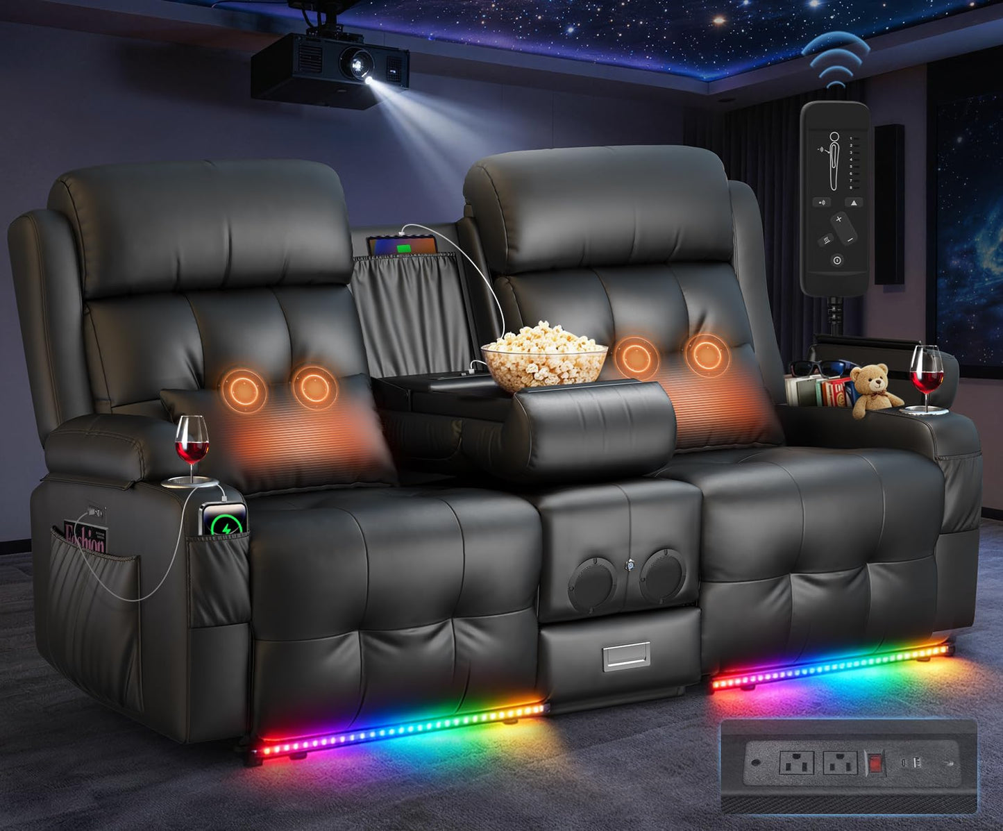 Home Theater Seating, Power Loveseat Recliner Sofa with Massage & Heat