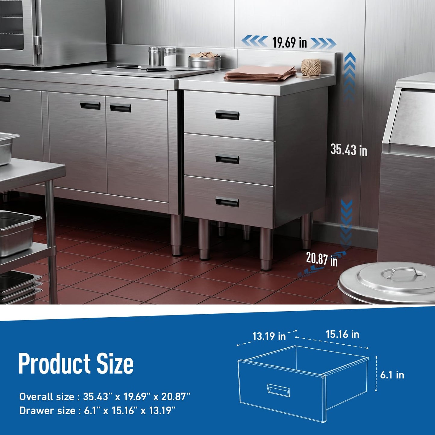 NUWJBYE Stainless Steel Outdoor Drawer Cabinet, 3 Drawers, 20.9" x 19.7" x 35.4" Heavy Duty Kitchen Cabinet for Outdoor Grill Station, BBQ Island, Commercial Prep Table, Garage Storage
