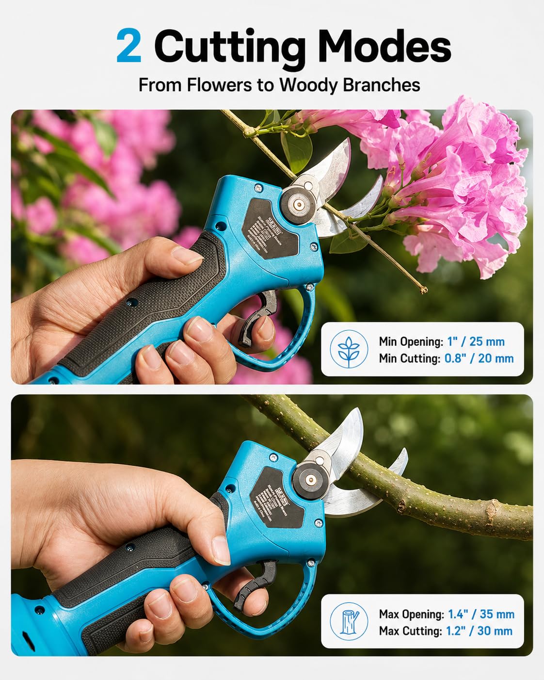 SEESII Electric Pruning Shears, 1.4" Cutting Cordless Power Pruner, 2×2000mAh Batteries, Brushless Motor, Extra SK5 Blade, 2 Modes Battery Powered Branch Cutter for Garden Tree Trimming